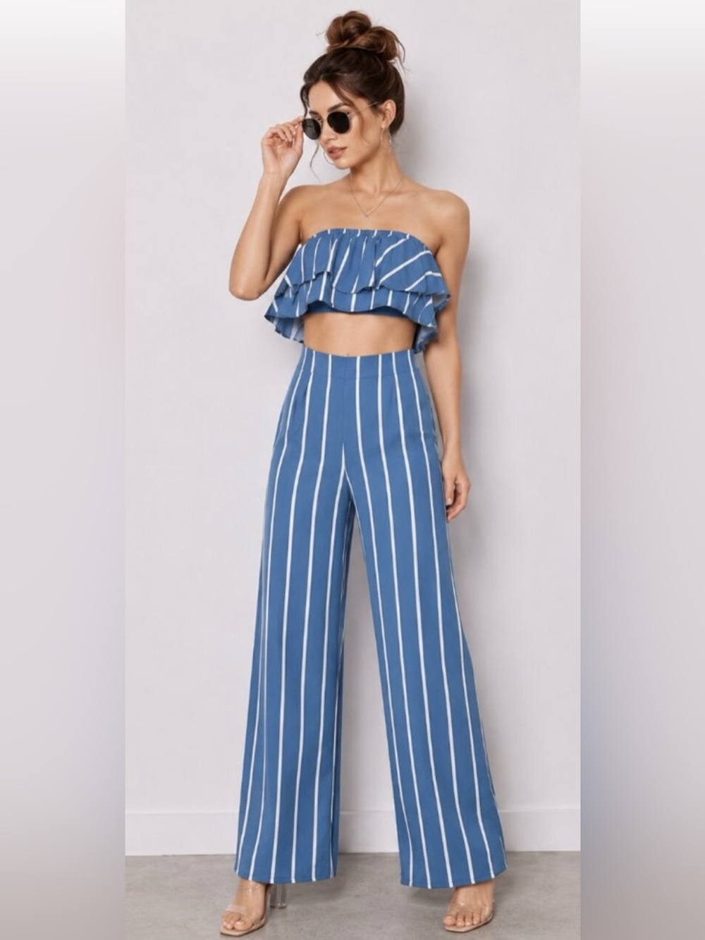 Blue White Striped Wide Leg Pants Set Ruffle Bandeau Top NWT